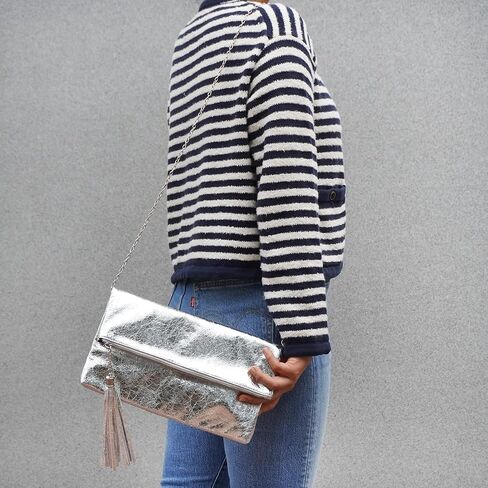 JNB Women's Cracked Metallic Fabric Foldover Clutch with Tassel in Saudi Arabia