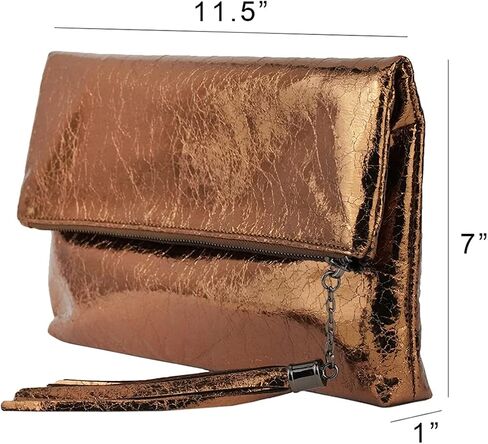 JNB Women's Cracked Metallic Fabric Foldover Clutch with Tassel in Saudi Arabia