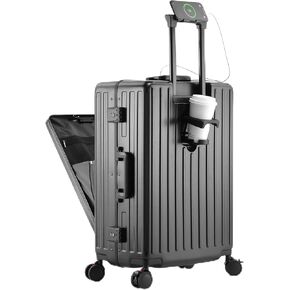 حقيبة سفر كاراني بعجلات دوارة، جيب أمامي، إطار من الألومنيوم، منفذ USB، حامل أكواب وحامل هاتف - حقيبة متوسطة الحجم مصنوعة من البولي كربونات بنسبة 100%، سوداء، 24 بوصة in Kuwait