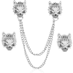 Wolf Head Long Collar Chain Brooch,Punk Silver Gold Chain Tassel Brooch Pin Vintage Animal Head Coat Collar Lapel Pins for Men Pin Jewelry Gift in Kuwait