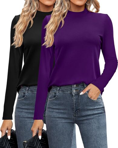 Ficerd 2 Pack قمصان نسائية ذات رقبة وهمية، قمصان ذات أكمام طويلة وياقة مدورة كاجوال مريحة، تي شيرت عصري قابل للتمدد in Kuwait