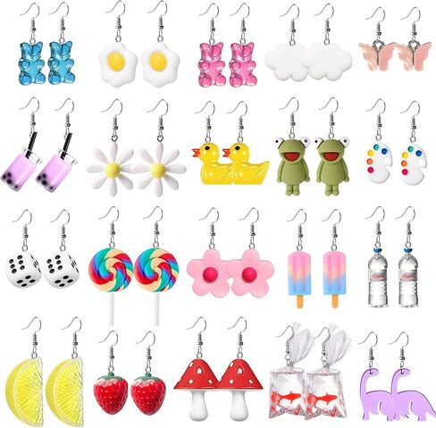 GIFIKOI 20-25 Pairs Weird Cute Earrings Drop Dangle Earrings for Women Girls Food Earrings Aesthetic Earrings Weirdcore Kawaii Funny Earrings Set in Saudi Arabia