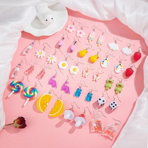 GIFIKOI 20-25 Pairs Weird Cute Earrings Drop Dangle Earrings for Women Girls Food Earrings Aesthetic Earrings Weirdcore Kawaii Funny Earrings Set in Saudi Arabia