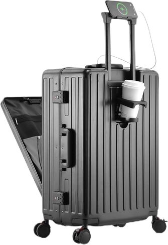 حقيبة سفر كاراني بعجلات دوارة، جيب أمامي، إطار من الألومنيوم، منفذ USB، حامل أكواب وحامل هاتف - حقيبة متوسطة الحجم مصنوعة من البولي كربونات بنسبة 100%، سوداء، 24 بوصة in Kuwait