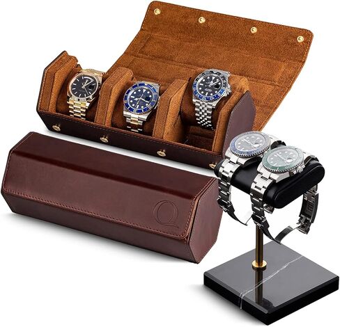 ساعة QWATCHBANDS من الجلد الطبيعي (بني/بني) وحامل ساعة (أسود/ذهبي/أسود) in Kuwait