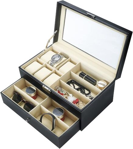 NovelBee Double-Layer 6 Slots Watch Boxes with 9 Grids Eyeglasses Sunglasses Storage for Watch Jewelry Eyeglasses Sunglass Display Case Organizer in Saudi Arabia