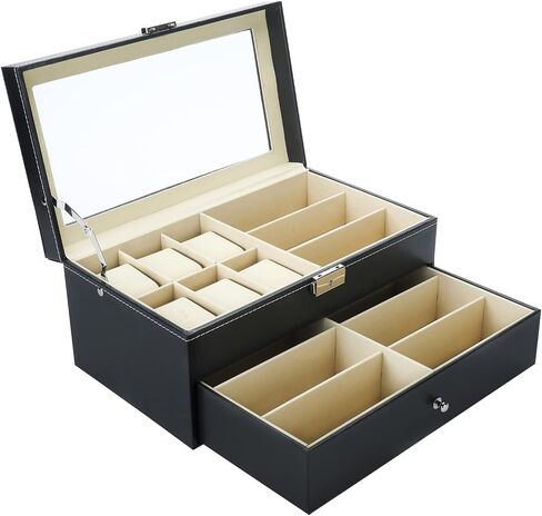 NovelBee Double-Layer 6 Slots Watch Boxes with 9 Grids Eyeglasses Sunglasses Storage for Watch Jewelry Eyeglasses Sunglass Display Case Organizer in Saudi Arabia