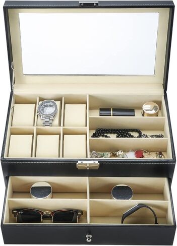 NovelBee Double-Layer 6 Slots Watch Boxes with 9 Grids Eyeglasses Sunglasses Storage for Watch Jewelry Eyeglasses Sunglass Display Case Organizer in Saudi Arabia