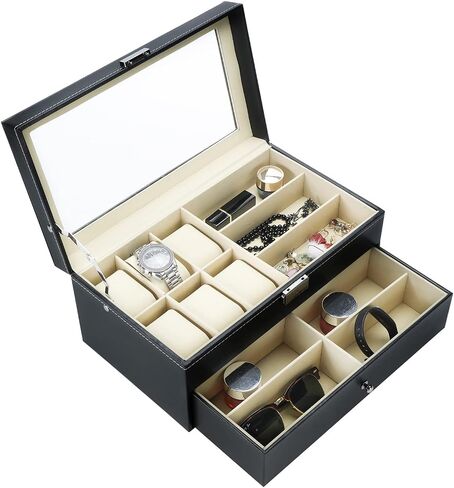 NovelBee Double-Layer 6 Slots Watch Boxes with 9 Grids Eyeglasses Sunglasses Storage for Watch Jewelry Eyeglasses Sunglass Display Case Organizer in Saudi Arabia