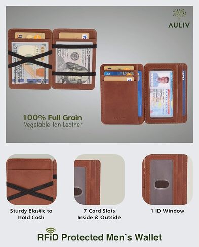 حامل بطاقات AULIV محفظة جلدية سحرية RFID حجب حافظة بطاقات الائتمان ذات الجيب الأمامي النحيف للرجال والنساء (أسود) in Kuwait