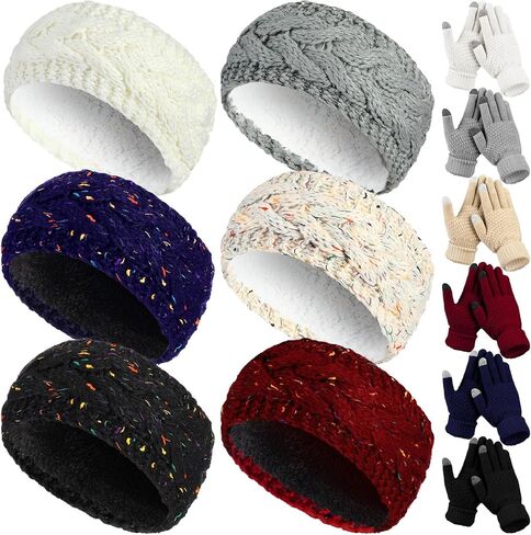 Suhine 12 Pcs Women Knit Cable Headbands and Touch Screen Glove Set Winter Fleece Lined Headbands Ear Warmers Headbands Ear Muffs Texting Gloves for Cold Weather in Saudi Arabia