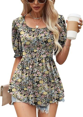 Women's Puff Sleeve Tunic Tops Square Neck Peplum Shirt Loose Ruffle Hem Blouse Empire Waist Tshirt in Saudi Arabia