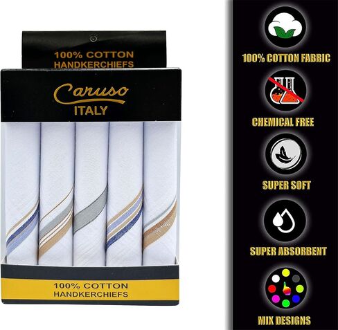 Caruso Italy Men's Premium 100% Pure Cotton Handkerchief Colored Border - (46x46 cm) in Saudi Arabia