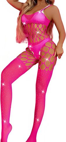 CZSABXY Women Fishnet Sparkle Rhinestone Bodysuit Lingerie Mesh Bodystocking Chemise Nightwear Teddy Lingerie in Saudi Arabia