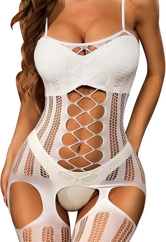 RSLOVE Womens Fishnet Bodystocking Sexy Exotic Lingerie Crotchless One Piece Bodysuit Plus Size Tights in Saudi Arabia