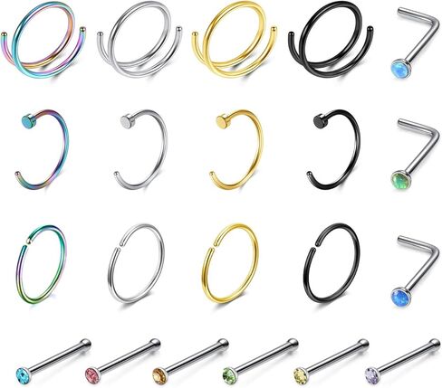 PESOENTH 18-26pcs 20G ثقب الأنف حلقات الأنف ترصيع الفولاذ الجراحي C شكل مزدوج هوب الأنف المسمار L شكل تشيكوسلوفاكيا الأنف الحاجز ثقب المجوهرات للنساء الفتيات الرجال in Kuwait