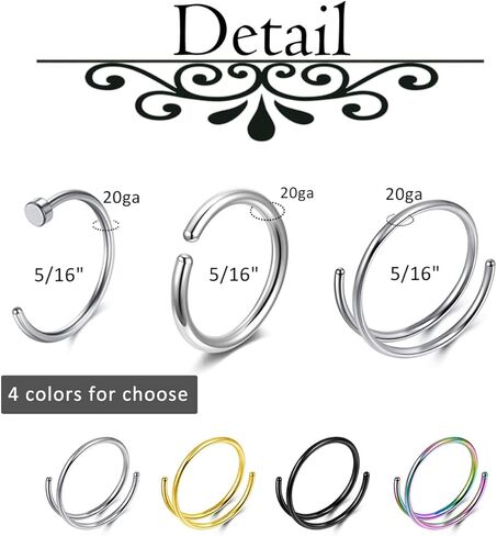 PESOENTH 18-26pcs 20G ثقب الأنف حلقات الأنف ترصيع الفولاذ الجراحي C شكل مزدوج هوب الأنف المسمار L شكل تشيكوسلوفاكيا الأنف الحاجز ثقب المجوهرات للنساء الفتيات الرجال in Kuwait