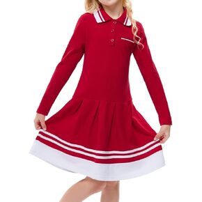 فستان Kukume للفتيات بياقة بيتر بان وأكمام طويلة وتنورات مطوية على شكل حرف A فستان بولو للفتيات الصغيرات من 3 إلى 12 سنة in Kuwait