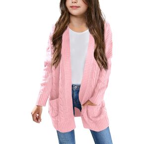 Batermoon Girls' Cardigan Sweaters Kids Cable Knit Casual Oversized Open Front Knitted Outerwear with Pocket