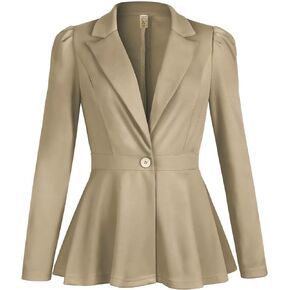 Genhoo Women's Business Casual Blazer Jackets Dressy Puff Sleeve Single Button Peplum Comfy Work Office Blazers