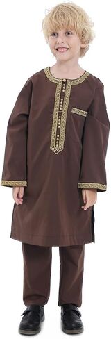 HJFYIZYNN Boys Muslim Round Collar Long Sleeves Ramadan Robe Suit in Saudi Arabia