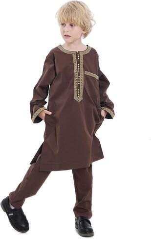 HJFYIZYNN Boys Muslim Round Collar Long Sleeves Ramadan Robe Suit in Saudi Arabia