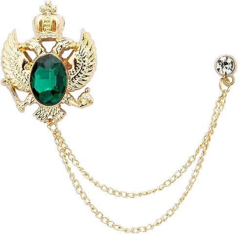 Knighthood Emerald Green Crystal Vintage Double Eagle Golden Tassel Chain Brooch, Suit Stud, Shirt Studs, Lapel Pin Accessories for Men Women in Saudi Arabia