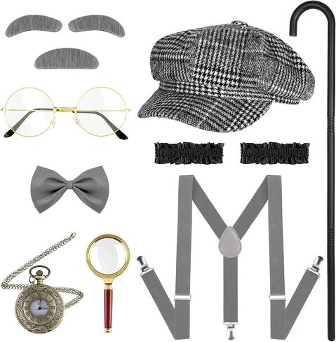 Hiwooii 11 Pieces 100 Day of School Kids' Old Man Costume 100th Day of School Costume Set 1920s Gentleman Accessories in Kuwait