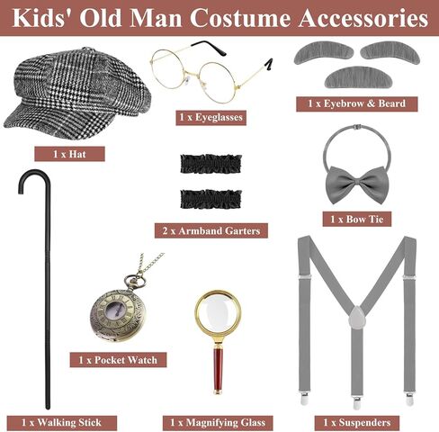 Hiwooii 11 Pieces 100 Day of School Kids' Old Man Costume 100th Day of School Costume Set 1920s Gentleman Accessories in Kuwait