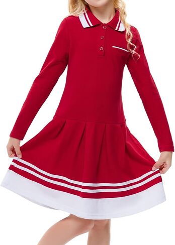 فستان Kukume للفتيات بياقة بيتر بان وأكمام طويلة وتنورات مطوية على شكل حرف A فستان بولو للفتيات الصغيرات من 3 إلى 12 سنة in Kuwait