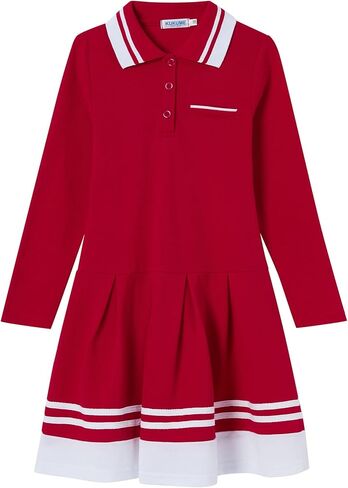 فستان Kukume للفتيات بياقة بيتر بان وأكمام طويلة وتنورات مطوية على شكل حرف A فستان بولو للفتيات الصغيرات من 3 إلى 12 سنة in Kuwait