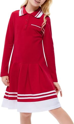 فستان Kukume للفتيات بياقة بيتر بان وأكمام طويلة وتنورات مطوية على شكل حرف A فستان بولو للفتيات الصغيرات من 3 إلى 12 سنة in Kuwait