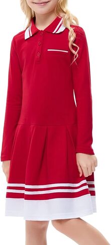 فستان Kukume للفتيات بياقة بيتر بان وأكمام طويلة وتنورات مطوية على شكل حرف A فستان بولو للفتيات الصغيرات من 3 إلى 12 سنة in Kuwait