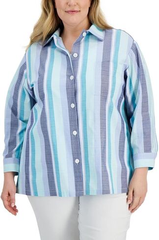 قميص Anne Klein النسائي ذو الياقات الكبيرة والمخطط بأزرار سفلية in Kuwait