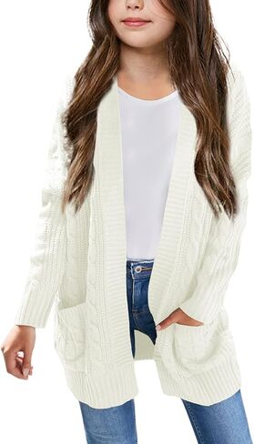 Batermoon Girls' Cardigan Sweaters Kids Cable Knit Casual Oversized Open Front Knitted Outerwear with Pocket in Saudi Arabia