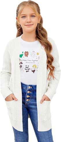 Batermoon Girls' Cardigan Sweaters Kids Cable Knit Casual Oversized Open Front Knitted Outerwear with Pocket in Saudi Arabia