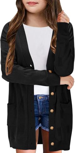 Girls Cardigans Kids Fashion Open Front Long Sleeve Knit Sweaters Outerwear with Pockets 5-14 Years in Saudi Arabia