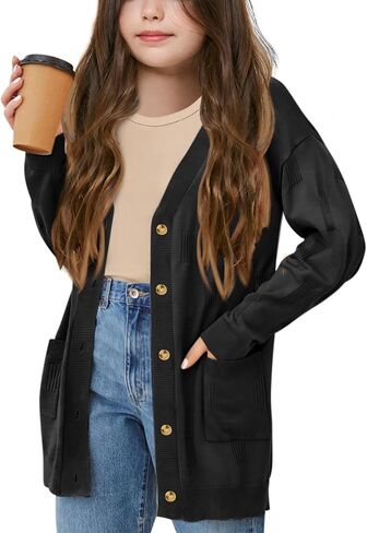 Girls Cardigans Kids Fashion Open Front Long Sleeve Knit Sweaters Outerwear with Pockets 5-14 Years in Saudi Arabia