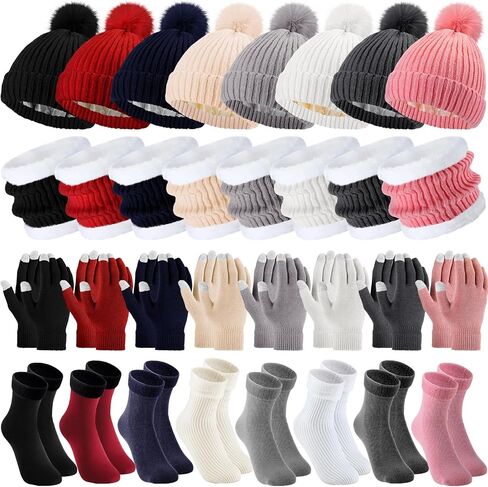 Wesiti 32 Pcs Winter Hat Scarf Gloves Sets Women Warm Satin Lined Knit Ladies Cap Neck Scarf Touch Screen Gloves with Socks for Women Girls in Saudi Arabia