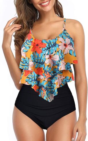 إمرأة Tankini المايوه تكدرت تانك الأعلى البطن تحكم الأزهار متواضعة ملابس السباحة عالية الخصر بيكيني قطعتين لباس سباحة in Kuwait