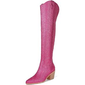 olomisa Rhinestone Boots for Women, Sparkly Boots Over the Knee Cowboy Boots Pointed Toe Pull On Side Zipper Chunky Heel Knee High Cowgirl Boots
