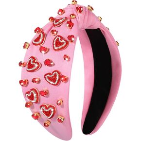 NVENF Valentine’s Day Headband for Women Love Heart Headband Jeweled Crystal Rhinestone Knotted Headband Red Pink Wide Top Knot Headband Valentine’s Day Hair Accessories Gifts (Letter 1 - Pink) in Saudi Arabia