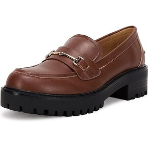 VETASTE Womens Lug Sole Platform Mid Chunky Heel Loafers Classic Round Toe Slip On Office Uniform Oxfords Shoes with Metal Chain