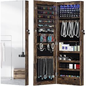 خزانة مجوهرات جيسار 6 مصابيح LED بمرآة، منظم خزانة مجوهرات مثبت على الحائط/الباب مع مرآة كاملة الطول، خزانة تخزين معلقة ذات سعة كبيرة قابلة للقفل، بطول 42.5 بوصة، درجان، 4 أرفف، أبيض in Kuwait