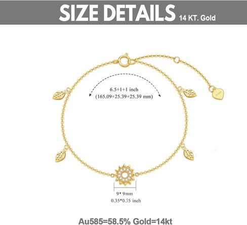 Rikelus 14K سوار عباد الشمس من الذهب الحقيقي للنساء الفتيات، سوار أوراق زهرة الذهب الأصفر أنت هدايا مجوهرات الشمس المشرقة لعيد الميلاد 6.5+1+1 بوصة in Kuwait