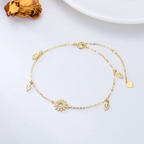 Rikelus 14K سوار عباد الشمس من الذهب الحقيقي للنساء الفتيات، سوار أوراق زهرة الذهب الأصفر أنت هدايا مجوهرات الشمس المشرقة لعيد الميلاد 6.5+1+1 بوصة in Kuwait