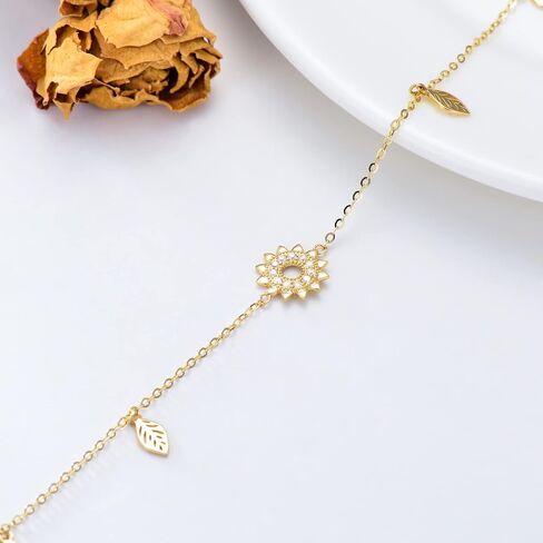 Rikelus 14K سوار عباد الشمس من الذهب الحقيقي للنساء الفتيات، سوار أوراق زهرة الذهب الأصفر أنت هدايا مجوهرات الشمس المشرقة لعيد الميلاد 6.5+1+1 بوصة in Kuwait