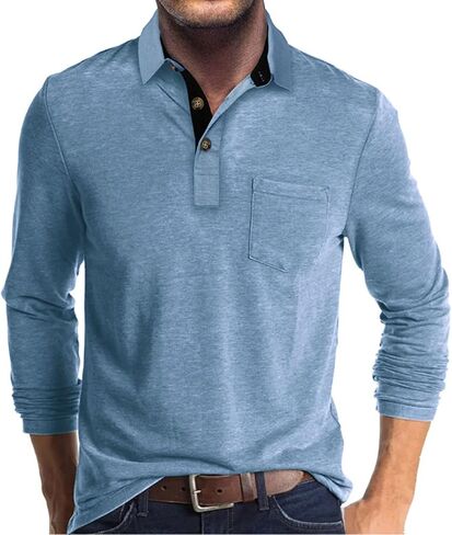 Men's Casual Polo Shirts Classic Button Basic Long Sleeve Shirt Solid Color Cotton Tees Stylish Tops in Saudi Arabia