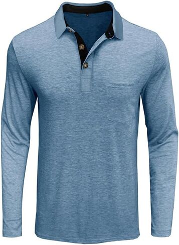Men's Casual Polo Shirts Classic Button Basic Long Sleeve Shirt Solid Color Cotton Tees Stylish Tops in Saudi Arabia