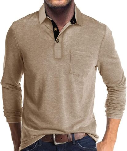 Men's Casual Polo Shirts Classic Button Basic Long Sleeve Shirt Solid Color Cotton Tees Stylish Tops in Saudi Arabia